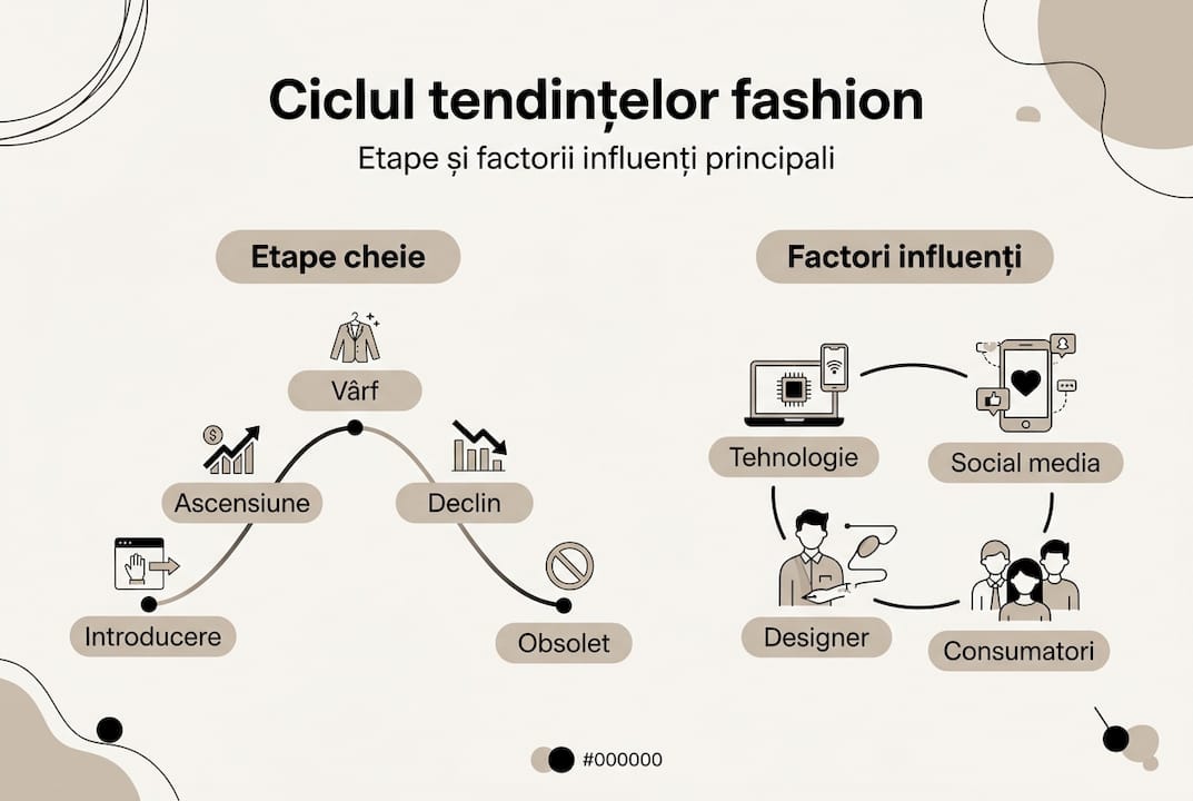 Infografic despre evoluția tendințelor în modă și factorii care influențează schimbările din acest domeniu