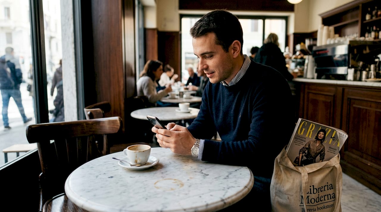 Un uomo curioso sfoglia sullo smartphone le ultime novità tra i designer, alla ricerca di ispirazione e nuovi talenti da scoprire.