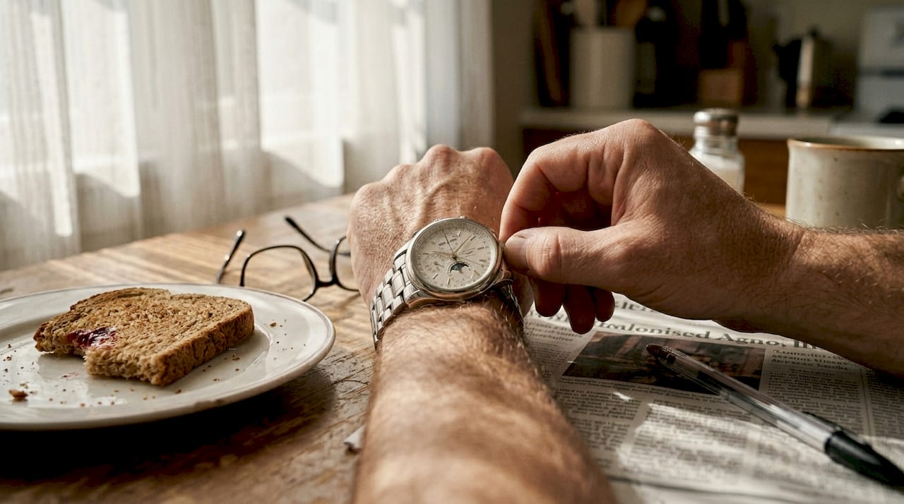 Adjusting luxury Swiss watch at kitchen table