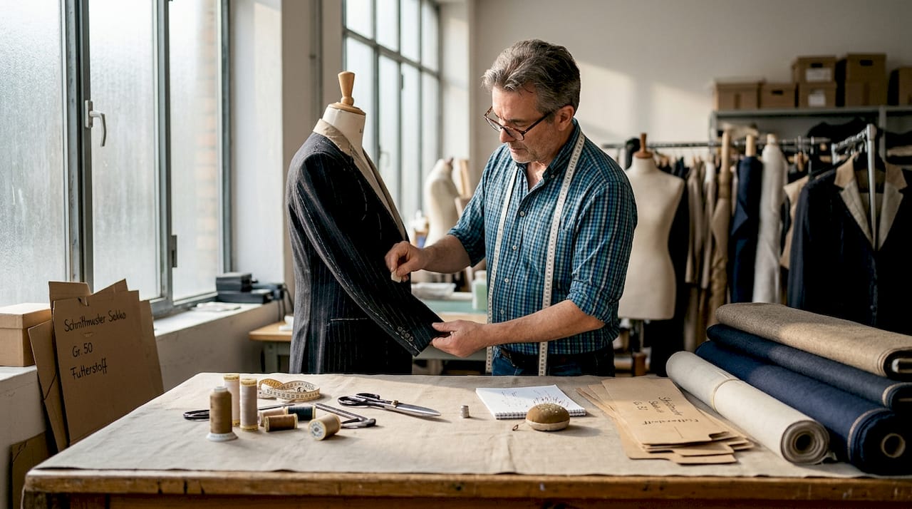 Ein Schneider begutachtet ein Kleidungsstück in einem Designer-Atelier.