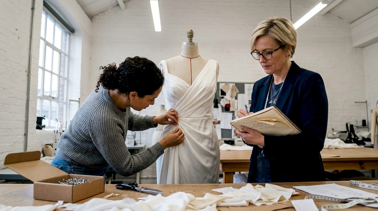 Un equipo de diseñadoras retocando los últimos detalles de un vestido de novia de alta costura.