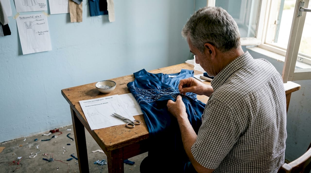 Een kleermaker versiert een chique jurk met met de hand aangebrachte kralen.