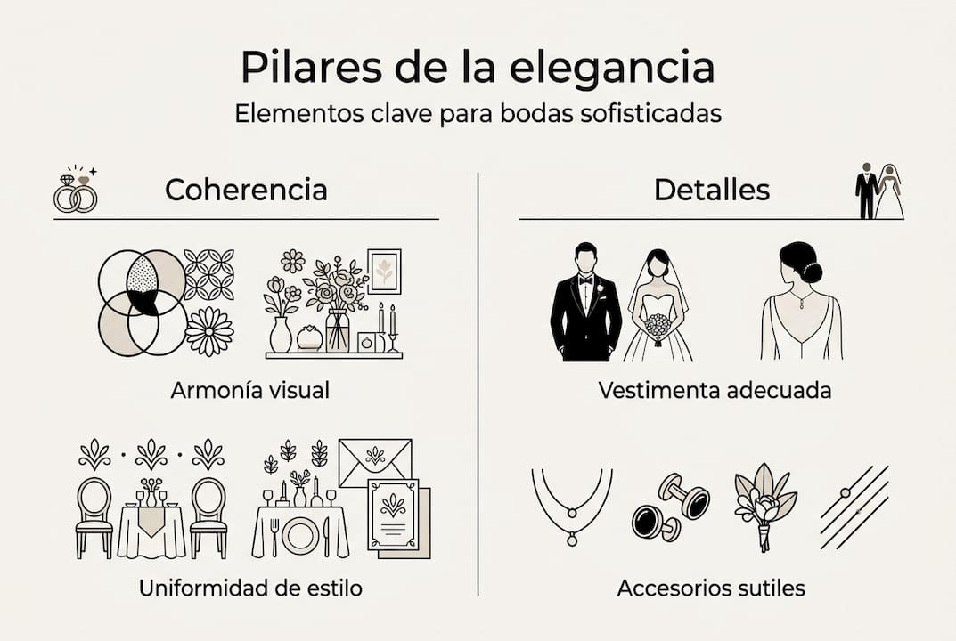 Infografía sobre los elementos clave de la elegancia en bodas