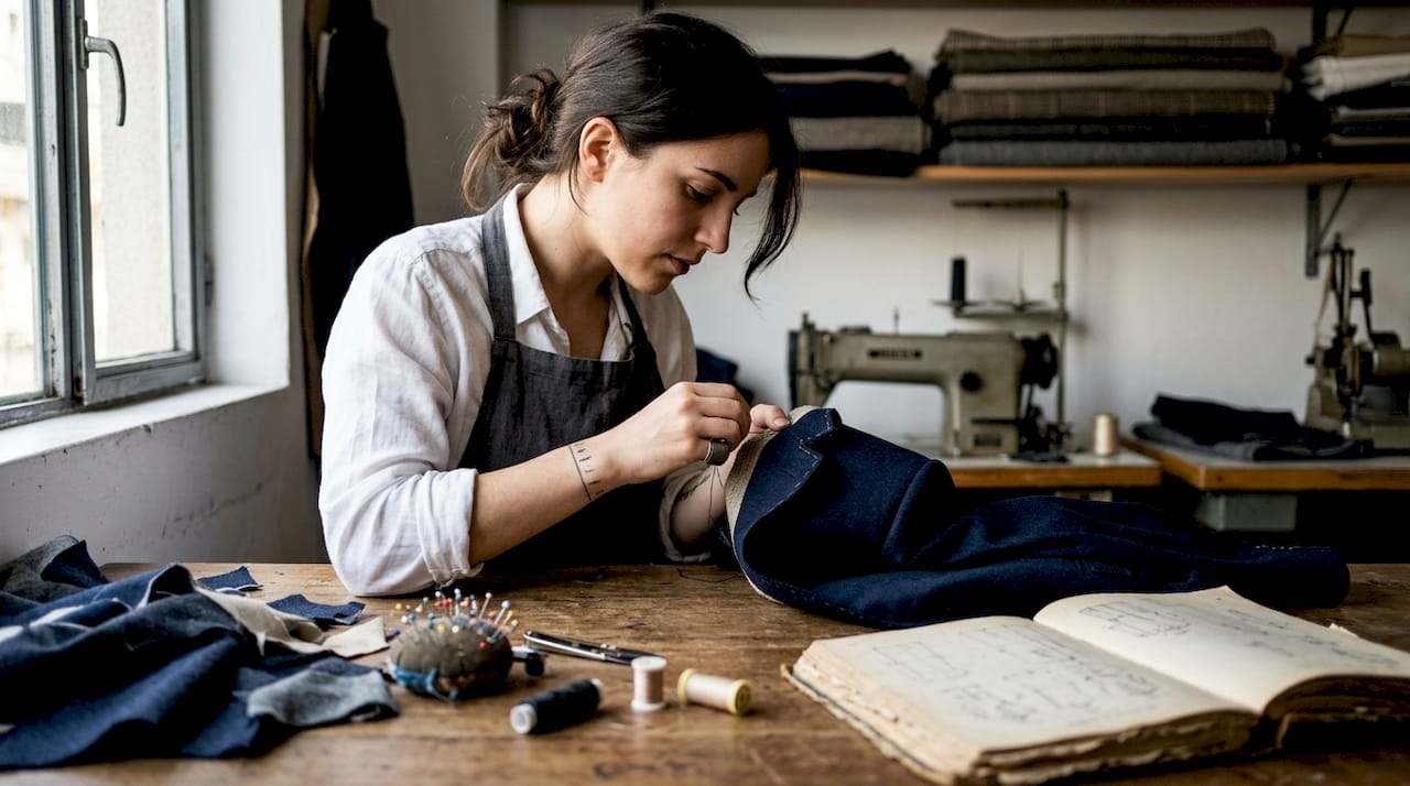 Tailor hand-stitching lapel on suit jacket
