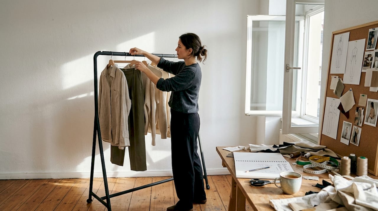 In einem lichtdurchfluteten Atelier sortiert eine Designerin sorgfältig ihre Kleidungsstücke und bringt Ordnung in ihre Kollektion.