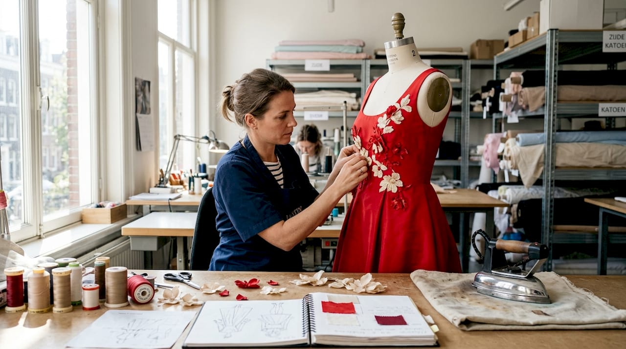 Een coupeuse werkt met zorg aan een opvallende rode couturejurk van Valentino, met prachtige bloemenmotieven.