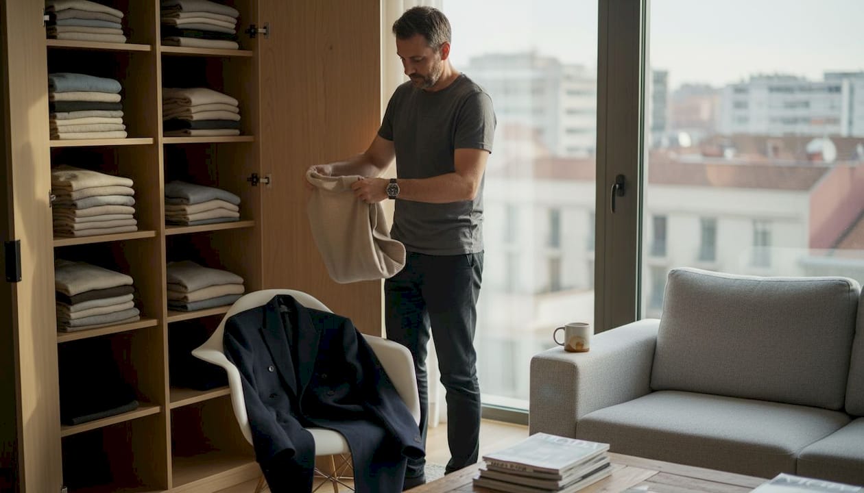 Replica Luxury Handbagm a dobrar uma camisola numa sala de estar moderna