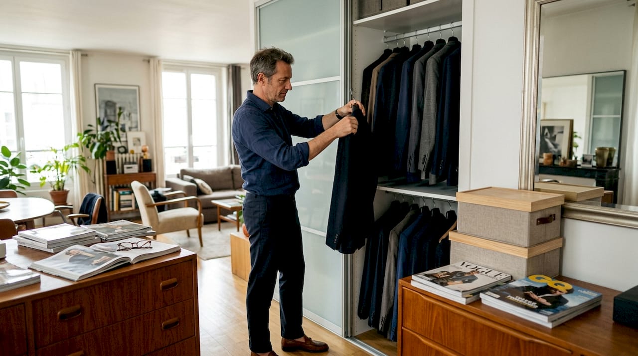 Un homme organise soigneusement ses vestes dans une élégante armoire haut de gamme.
