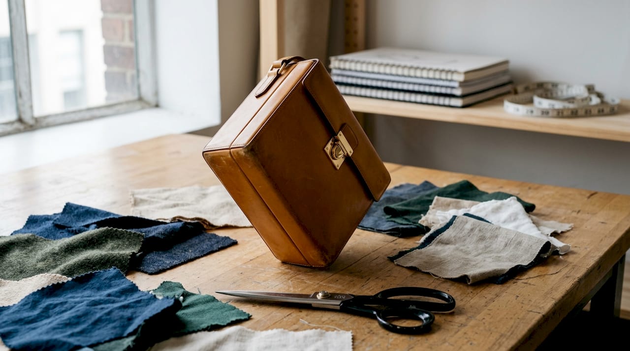 Box-shaped luxury handbag amid studio tools