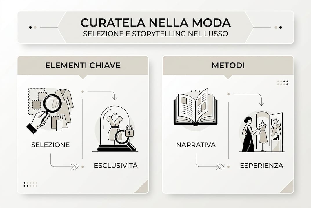 Infografica sulla curatela nel mondo della moda di lusso: elementi distintivi e metodologie innovative