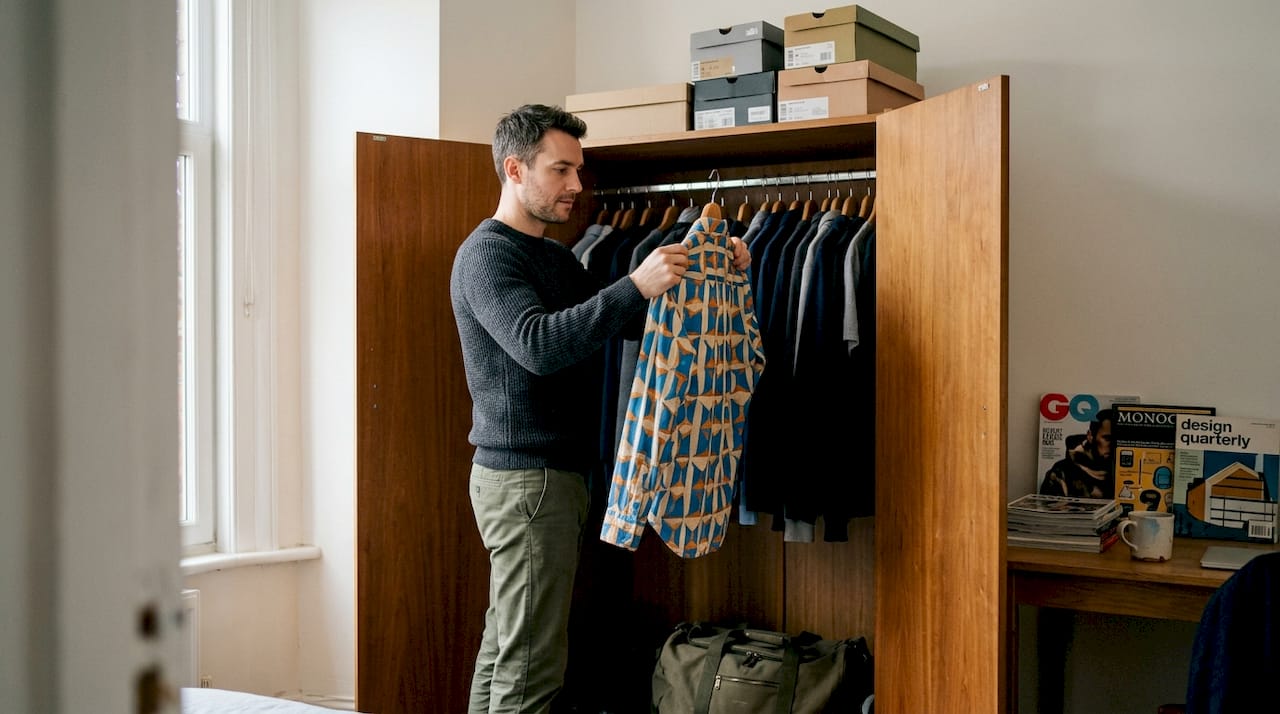 Man planning bold wardrobe in bedroom