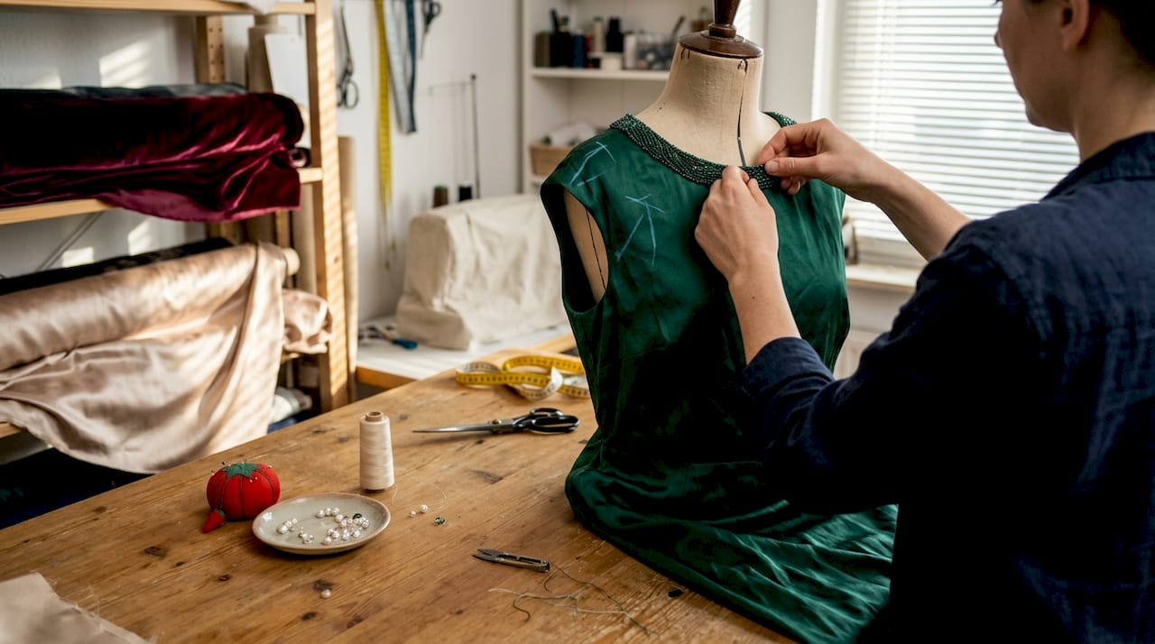 Ein Designer arbeitet mit viel Sorgfalt an den feinen Details eines edlen Kleides und optimiert Stoff und Verarbeitung.