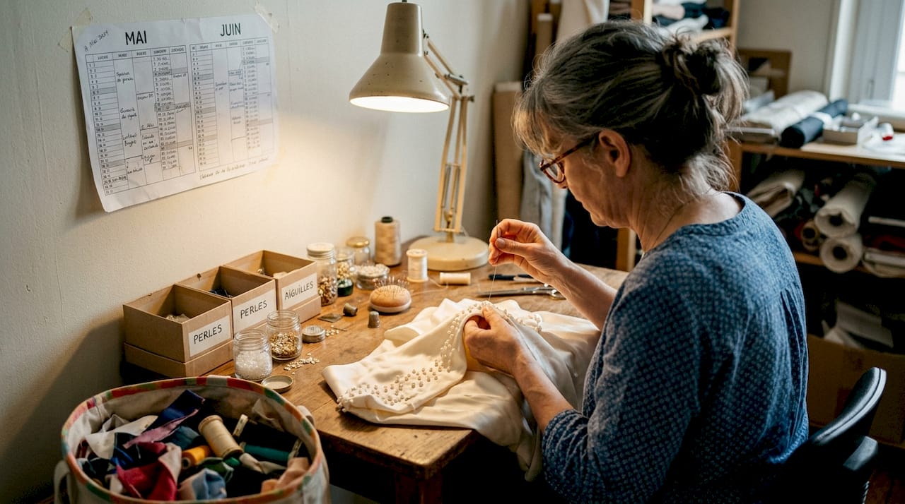 Une couturière orne minutieusement une robe de haute couture avec des perles.