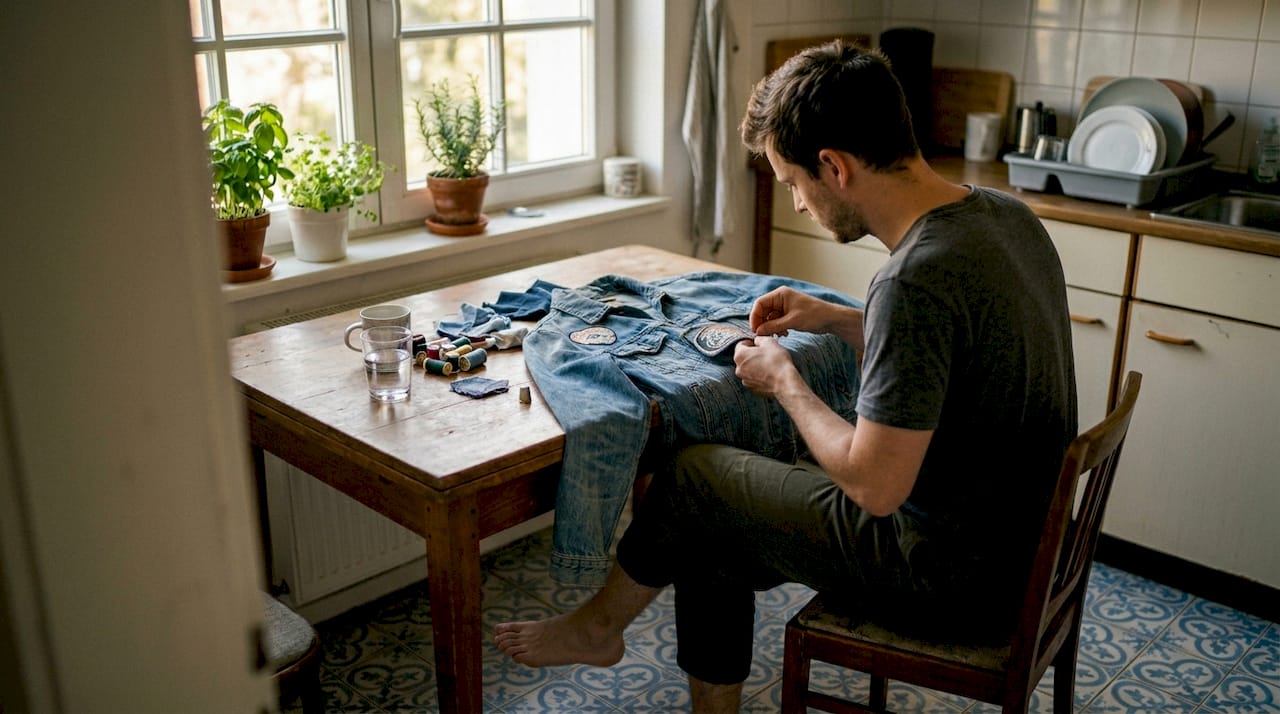 Replica Luxury Handbagm sentado à mesa a coser um remendo numa jaqueta de ganga.