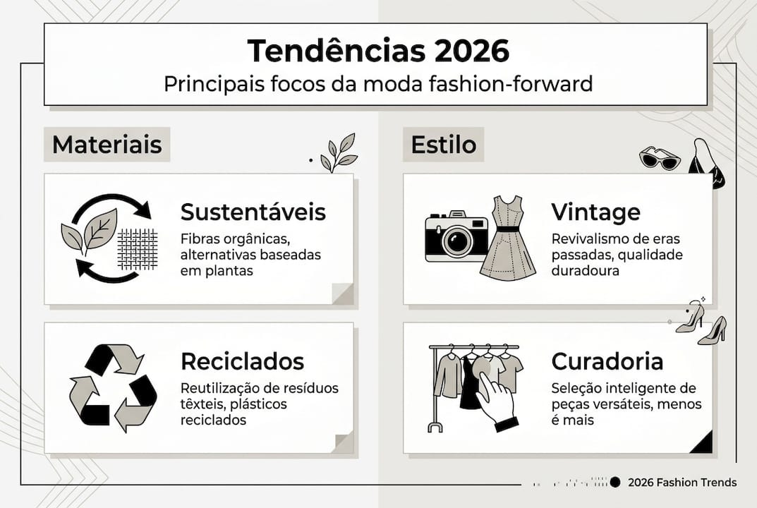 Visual simples e elegante a destacar as principais tendências de moda para 2026