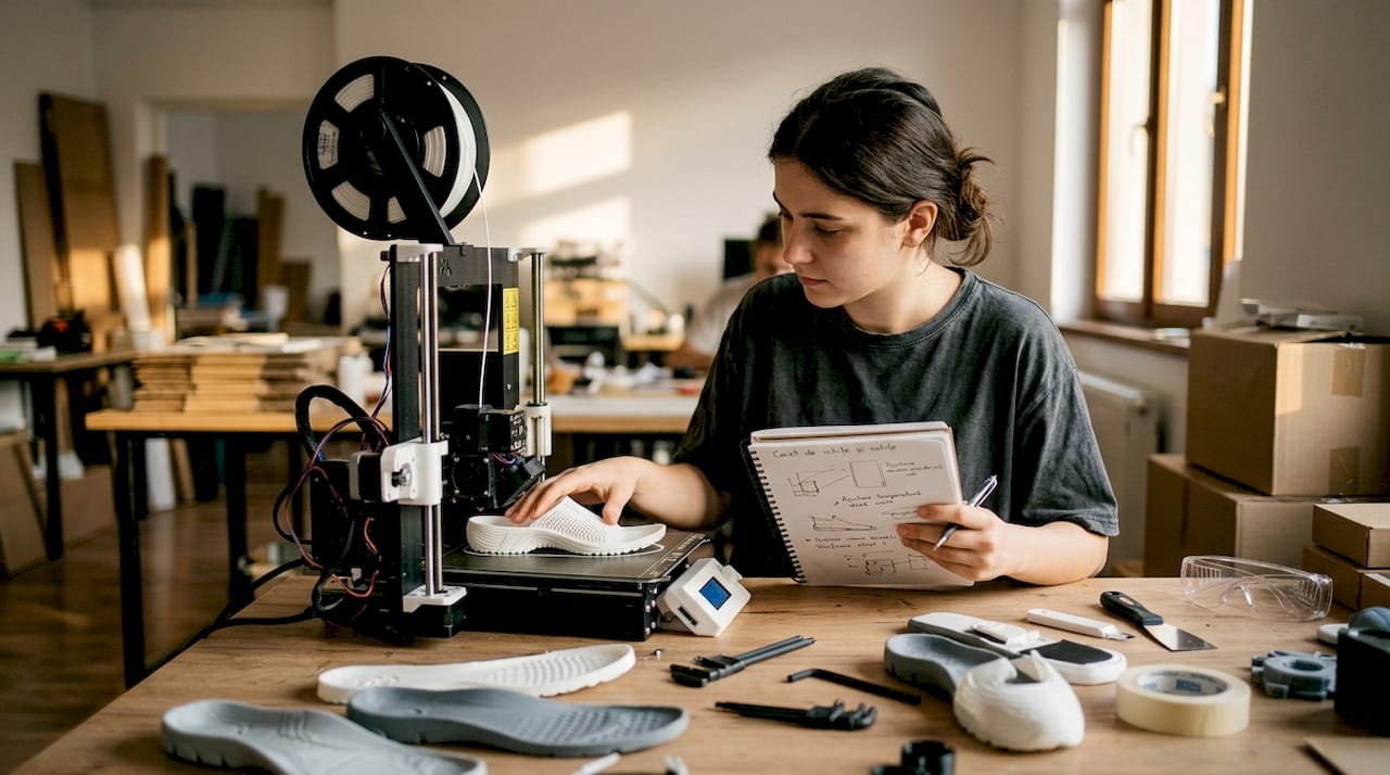 Un tehnician folosește o imprimantă 3D pentru a crea prototipuri de haine și accesorii.