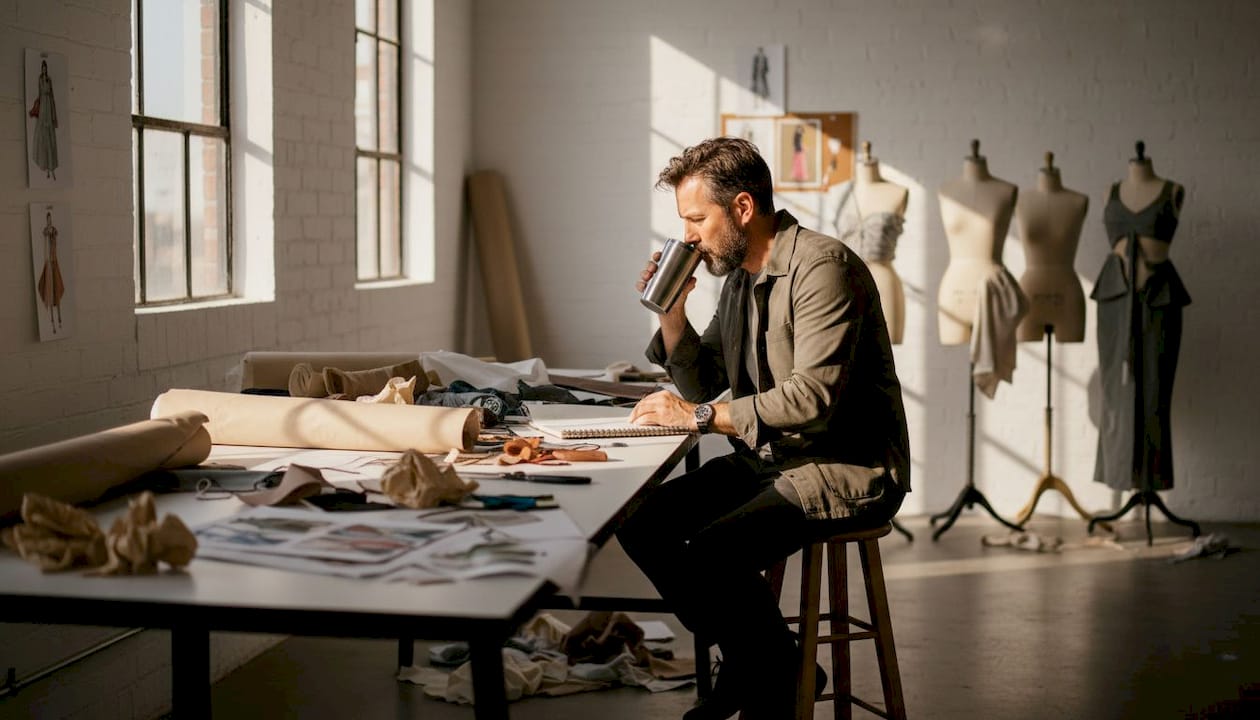 Un diseñador analiza detenidamente los bocetos de moda que tiene extendidos sobre la mesa.