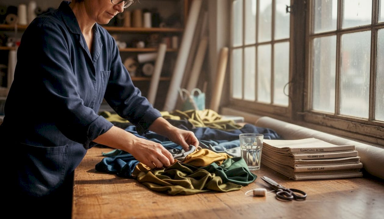 Dans son atelier, l’artisan sélectionne soigneusement des échantillons de tissus précieux.