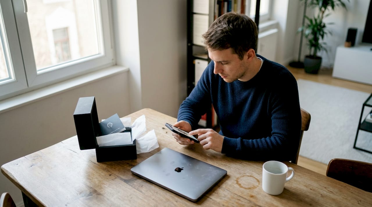 Uomo che sfoglia accessori di lusso dal suo smartphone