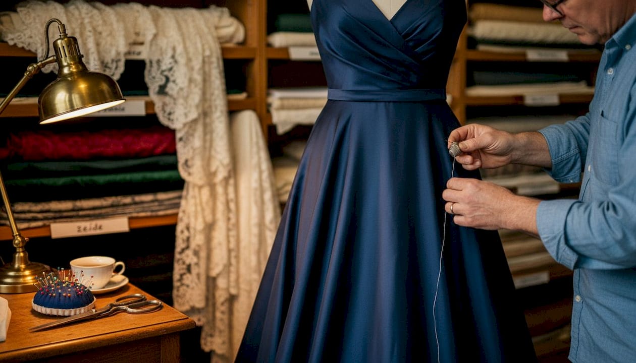 In het couture-atelier werkt een coupeuse nauwkeurig aan het vermaken van een avondjurk.