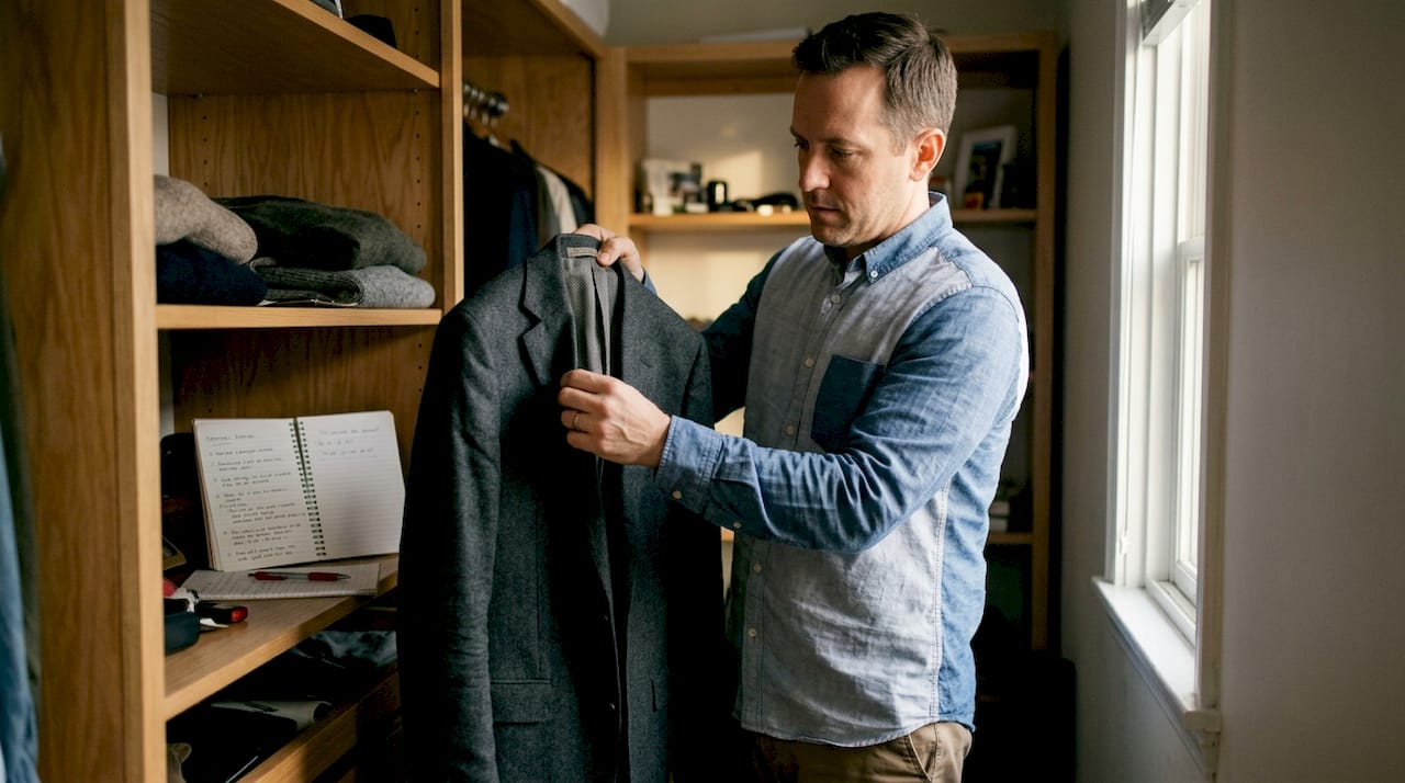Man inspecting blazer for craftsmanship details