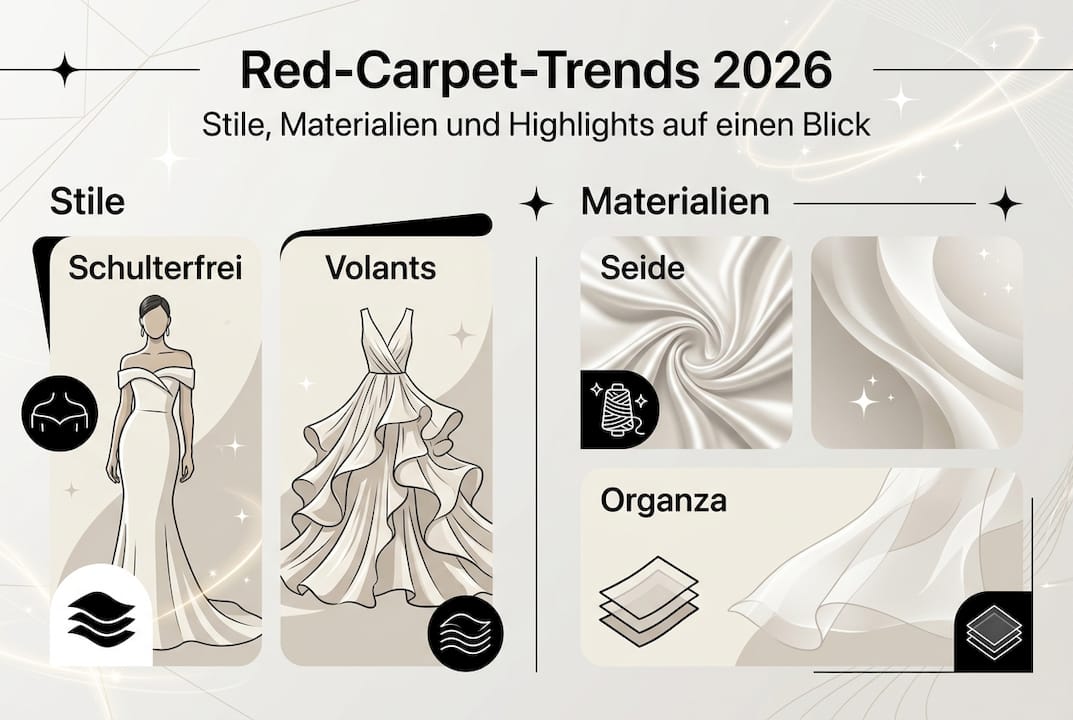 Grafik: Die wichtigsten Trends und Styles der Red-Carpet-Kleider 2026 auf einen Blick