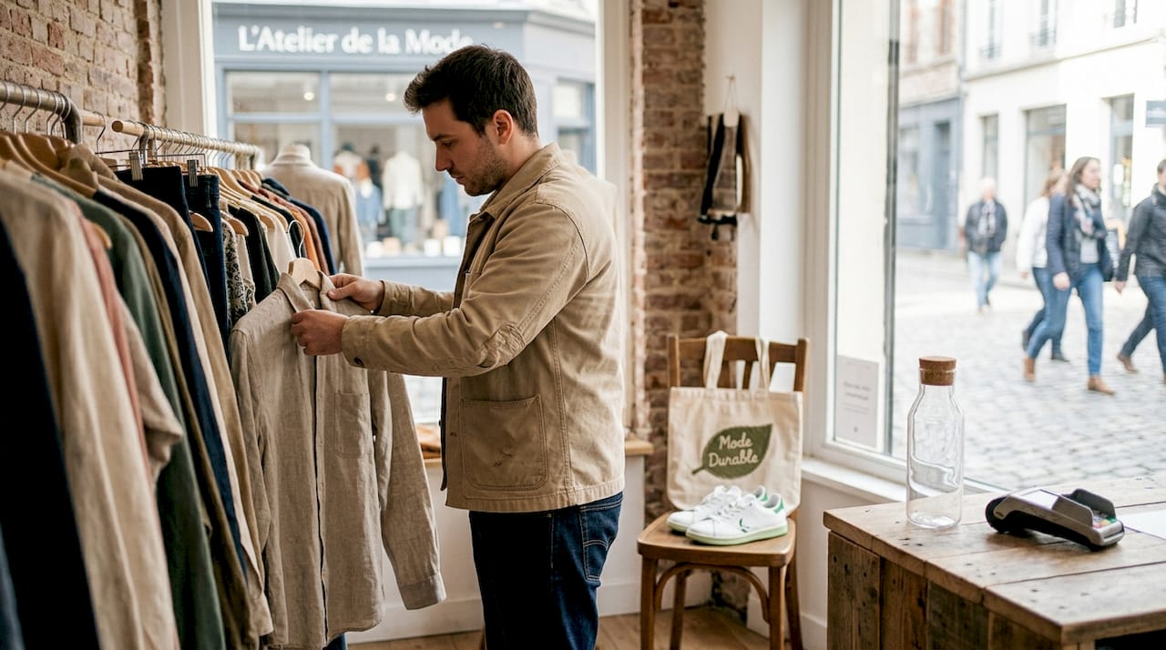 Un homme en train de choisir une chemise dans une boutique du quartier.