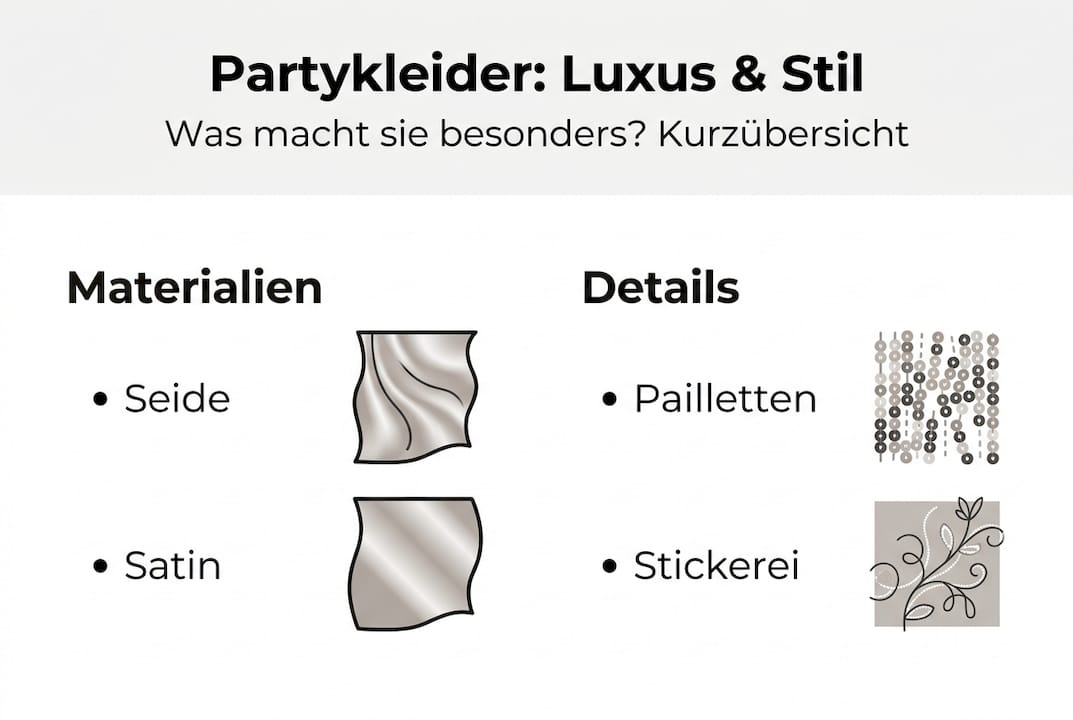 Infografik: Edle Stoffe und raffinierte Details bei Partykleidern im Überblick