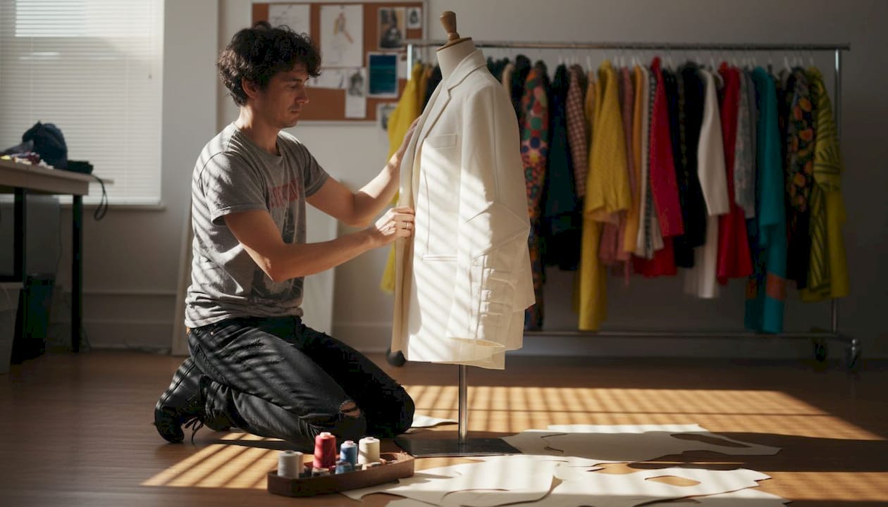 Fashion assistant adjusting unique jacket in studio