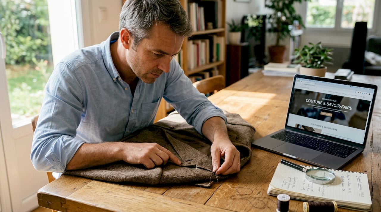 Un homme examine attentivement les finitions de sa veste moderne chez lui.
