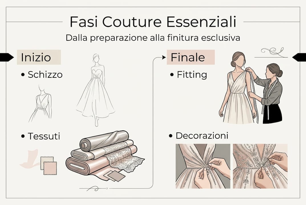 Infografica: tutte le fasi della lavorazione couture, dalla progettazione al tocco finale