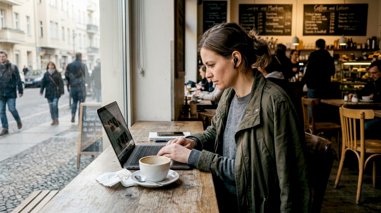 Eine Frau sitzt im Café und informiert sich über verschiedene Designer.