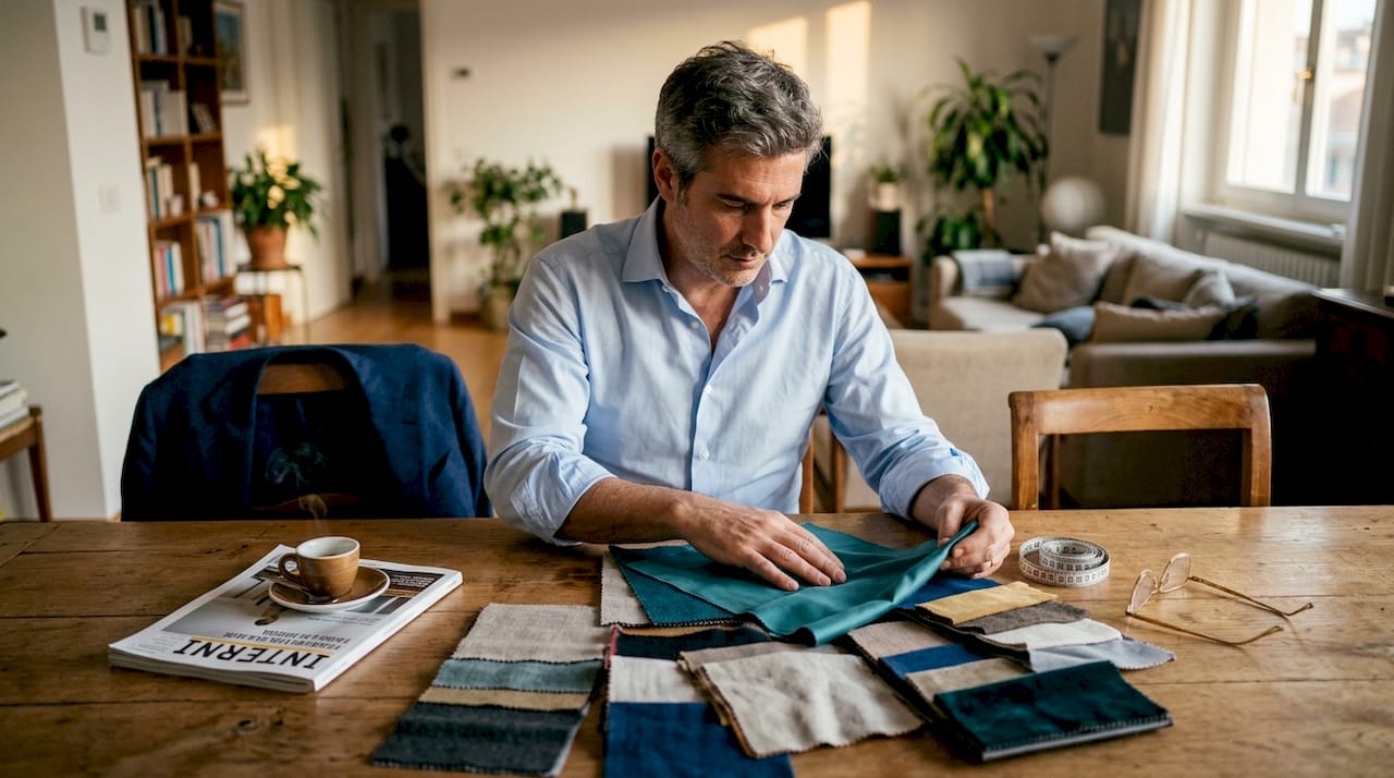 Un uomo esamina con attenzione dei tessuti pregiati sul tavolo di casa, valutando colori e texture per scegliere quello perfetto.