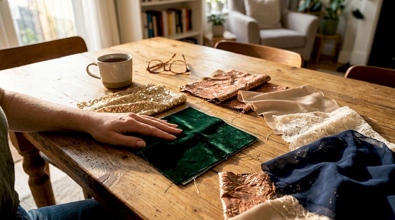 Op tafel liggen verschillende luxe stoffen die perfect zijn voor feestelijke outfits.