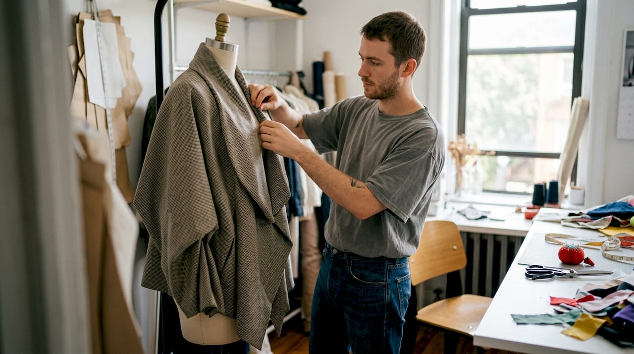 Assistente ajusta casaco de estilo vanguardista num manequim