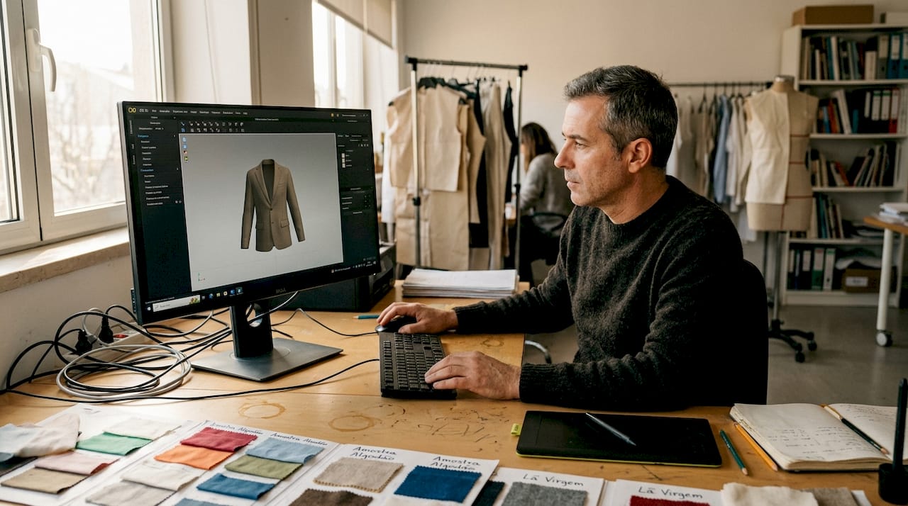 Técnico a personalizar peças de roupa em estúdio digital