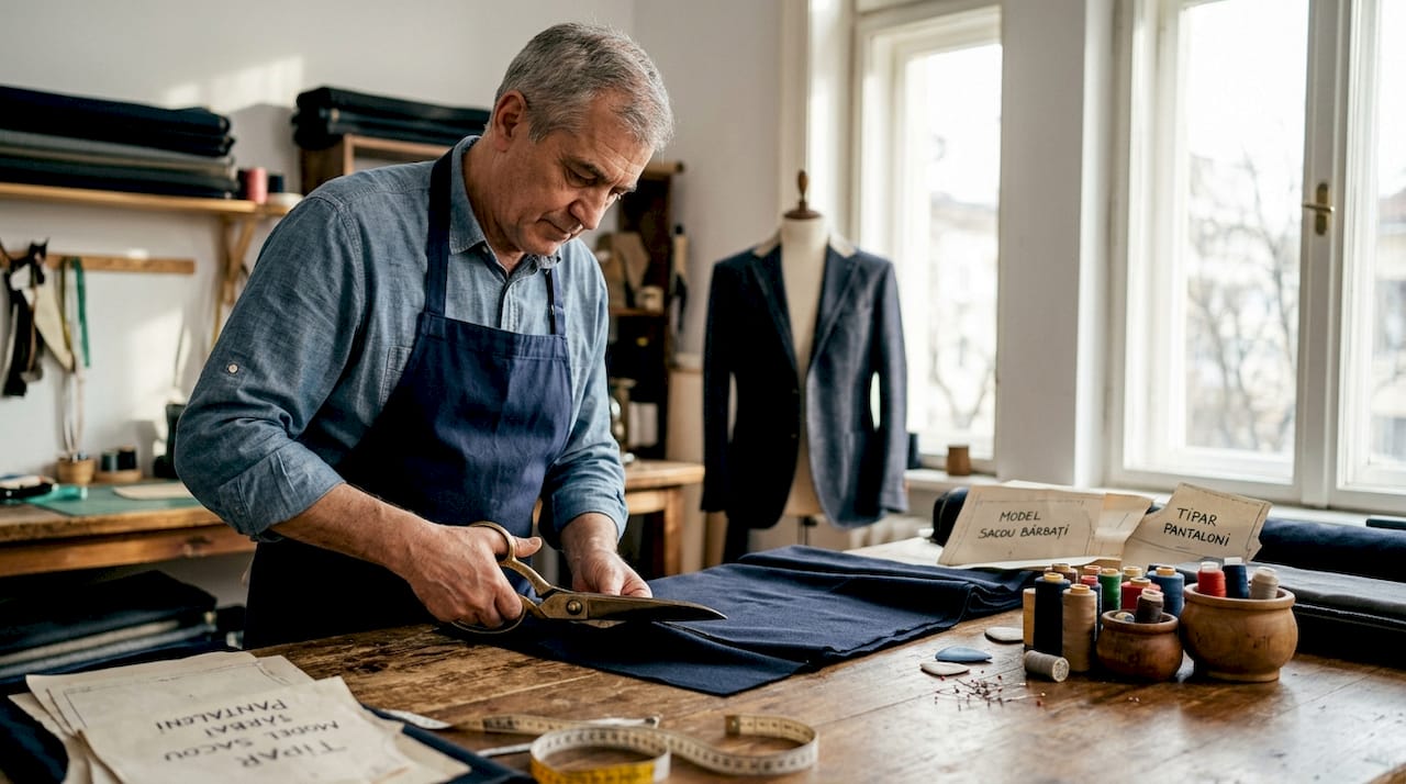 Croitoreasă la lucru, lucrând material textil într-un atelier tradițional
