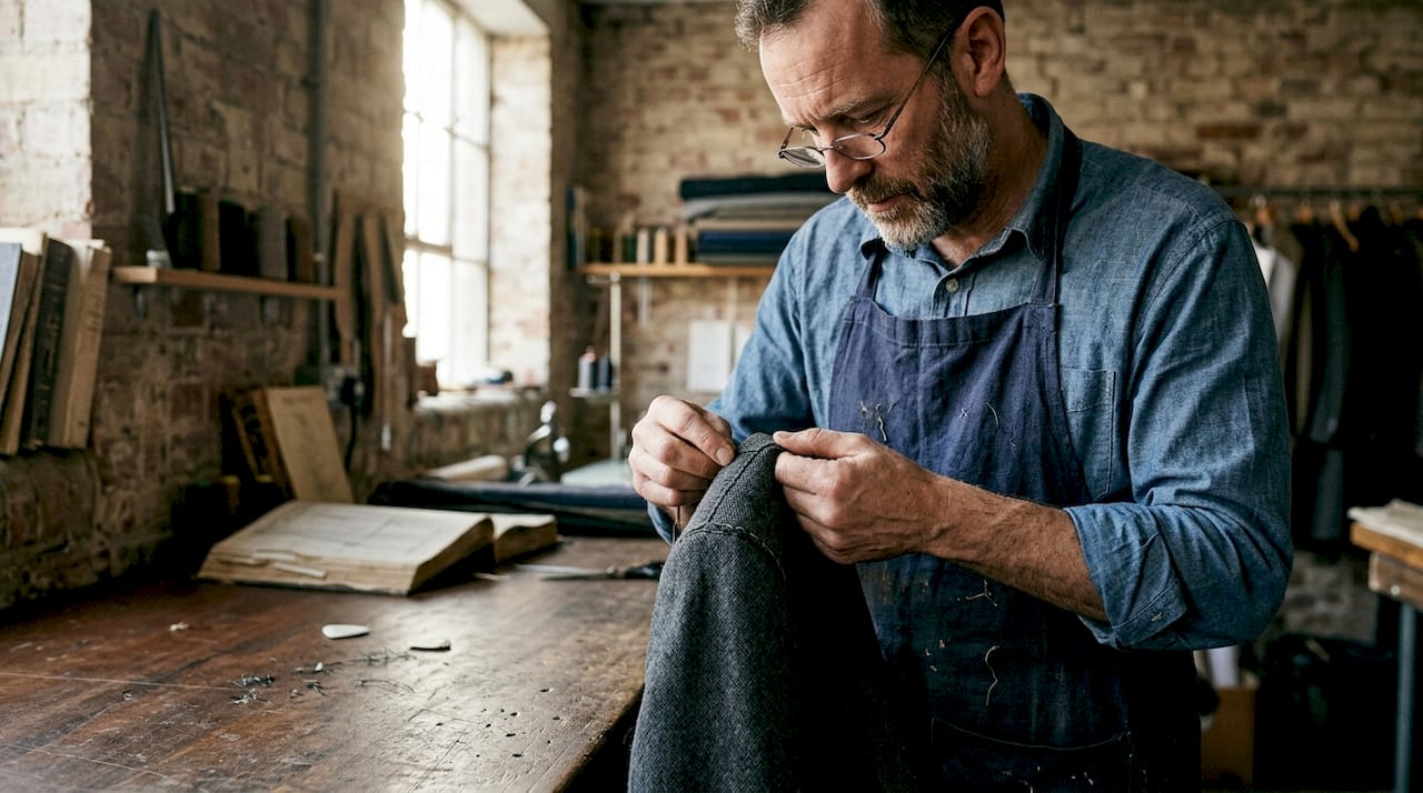 Artisan inspects seam of handmade luxury jacket