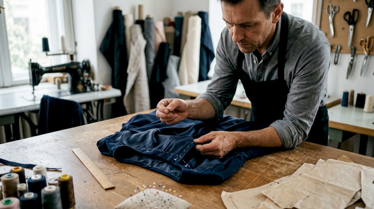 El diseñador examina cuidadosamente las costuras de un vestido exclusivo para asegurarse de que cada detalle esté perfecto.