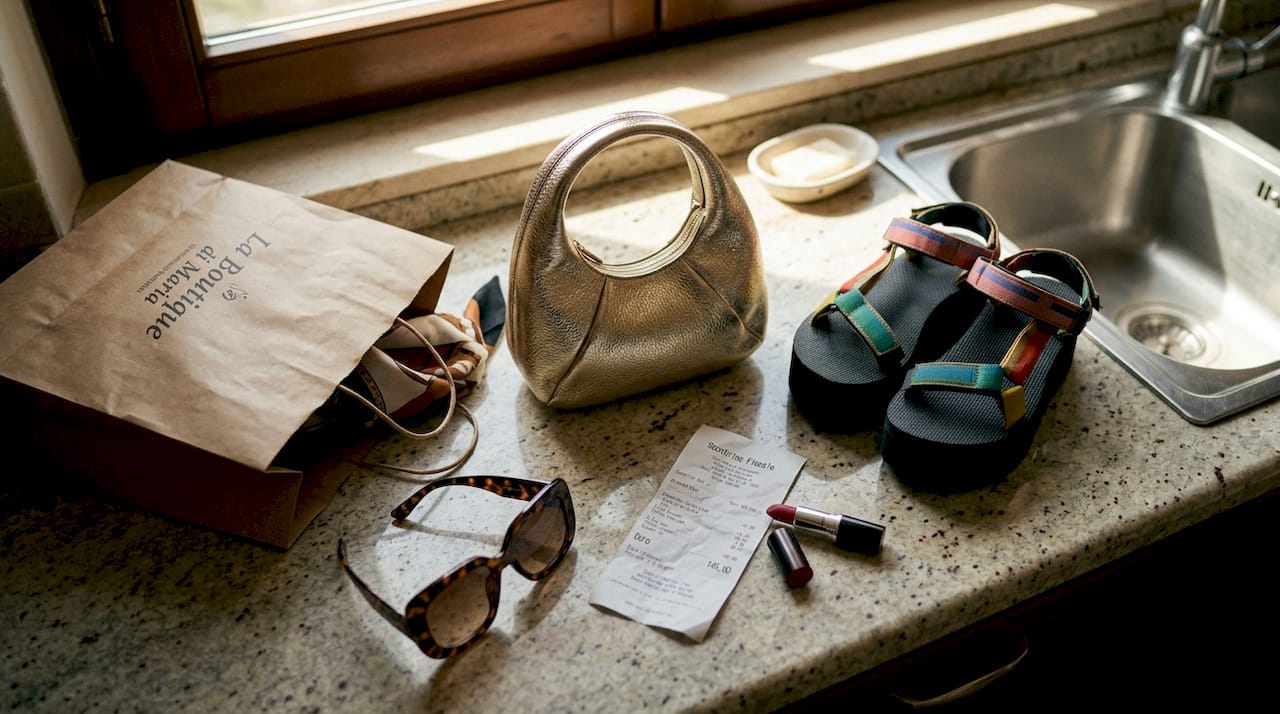 Sul bancone spiccano una micro borsa e un paio di scarpe con la zeppa.