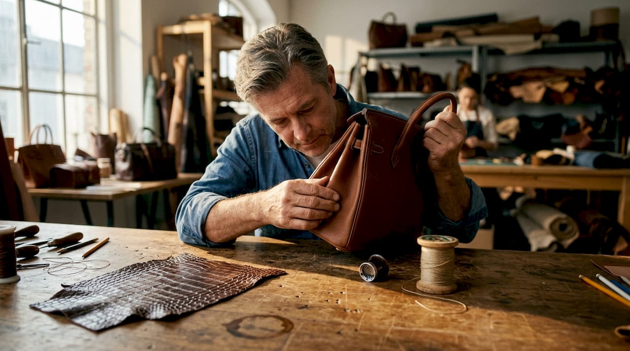 Artisan inspecting leather handbag details
