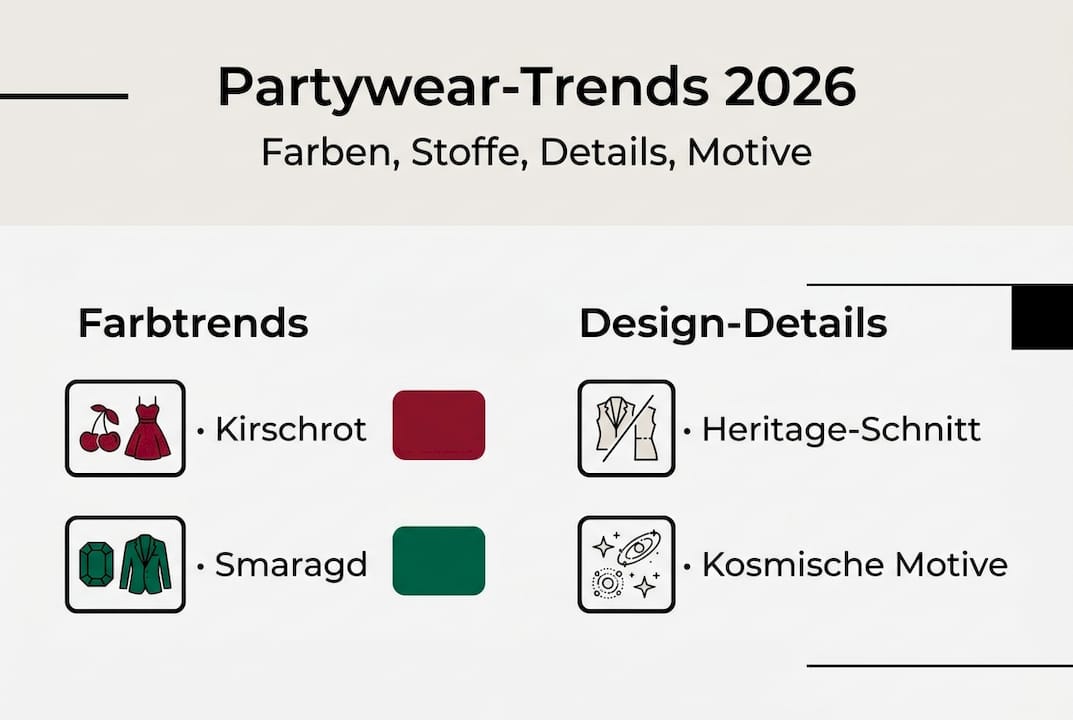 Entdecke die angesagtesten Partywear-Trends 2026: Eine übersichtliche Infografik zeigt dir die wichtigsten Farben und angesagten Details für deinen perfekten Party-Look.