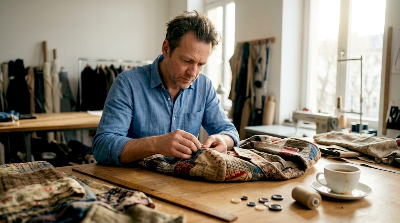 Een kleermaker creëert een unieke jas van gerecyclede stoffen in een patchwork stijl.