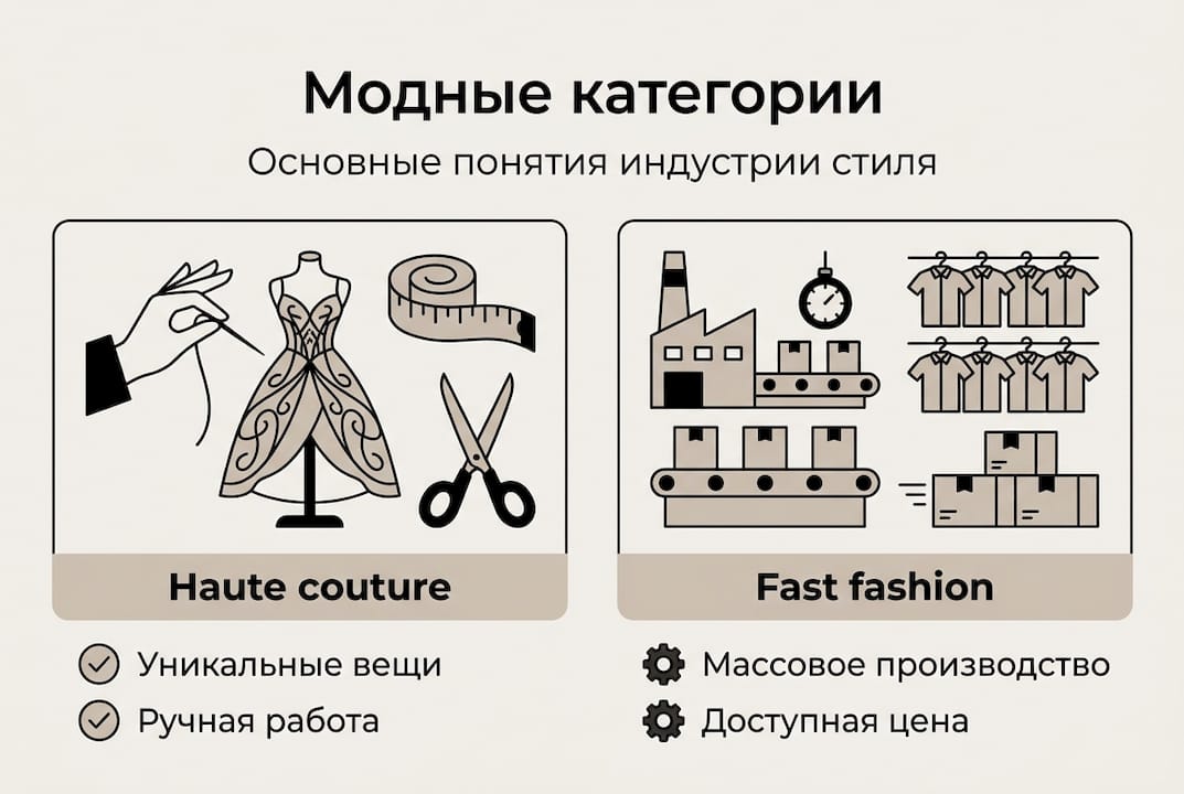 Инфографика, сравнивающая мир высокой моды и массового сегмента одежды