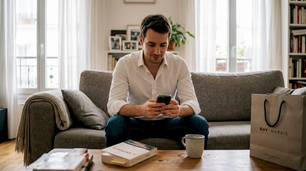 Un homme attend impatiemment de pouvoir accéder à la mode numérique sur son téléphone.