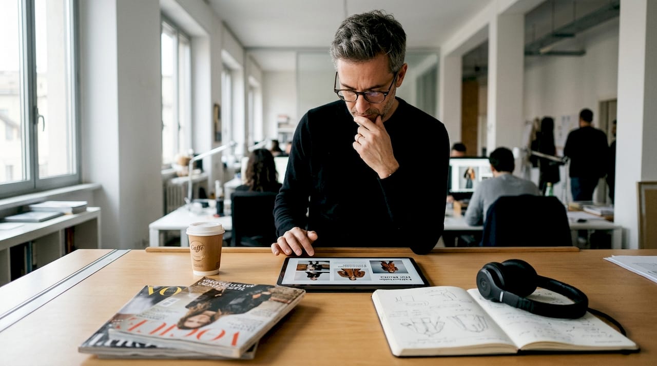 Il direttore esamina l’impostazione grafica dell’editoriale di moda digitale