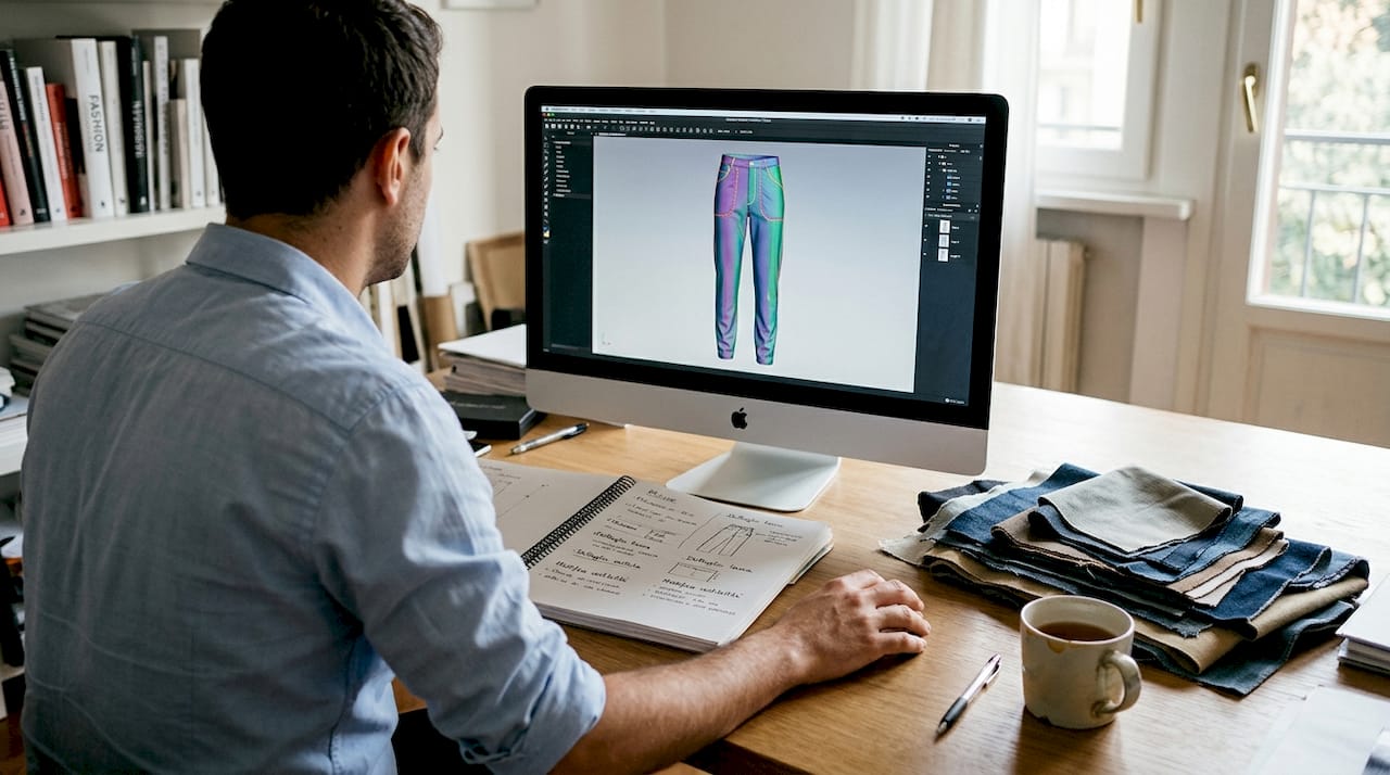 Un esperto sta valutando un prototipo digitale di abbigliamento, analizzando ogni dettaglio per verificarne funzionalità e design.