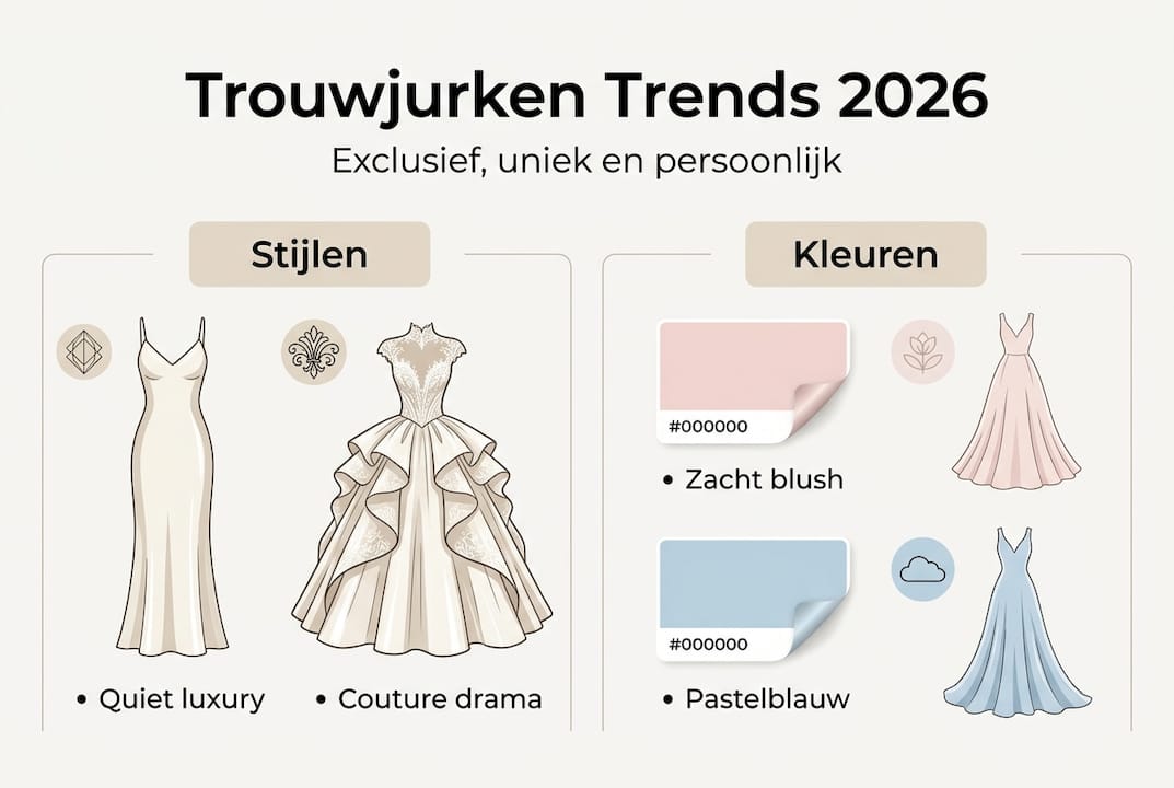 Trouwjurken trends 2026: een handig overzicht in beeld