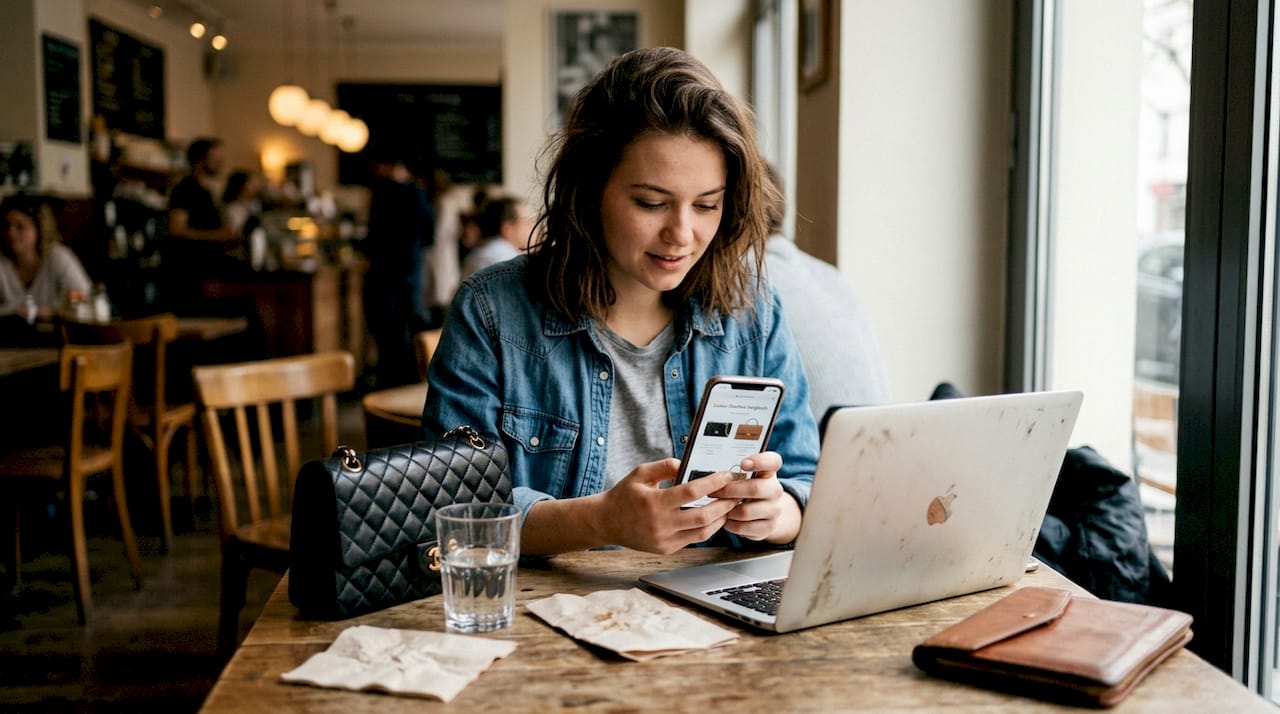 Eine Frau sitzt im Café und begutachtet verschiedene Designer-Handtaschen.