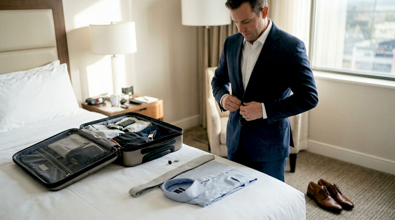 Un hombre ultima los detalles de su elegante traje de boda en la habitación de un hotel.